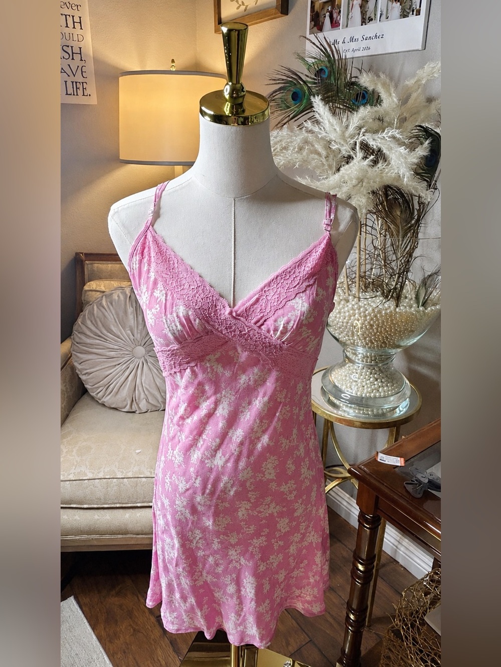 🎀🌸 Y2K Pink Floral Lace Trim Slip Dress Coquette Romantic Cottage Size M